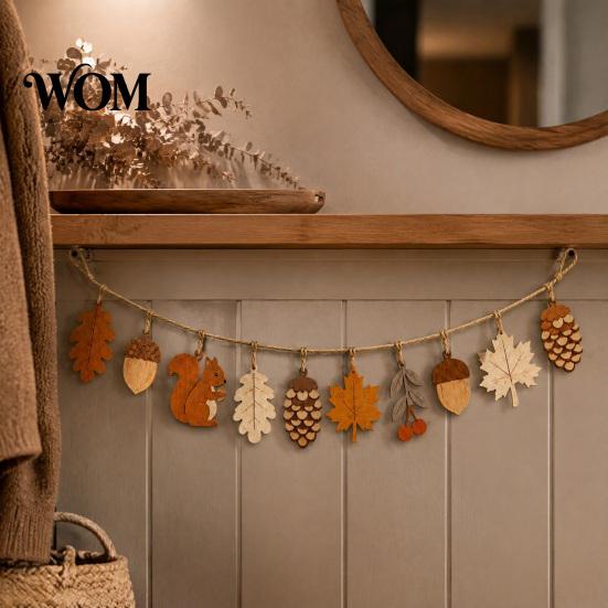 Tactile Wooden Wall Art Fall Garland Decor, Rustic Autumn Hanging Ornament with Squirrel Boho Home Decoration Maple Leaf Pinecone Harvest Thanksgiving