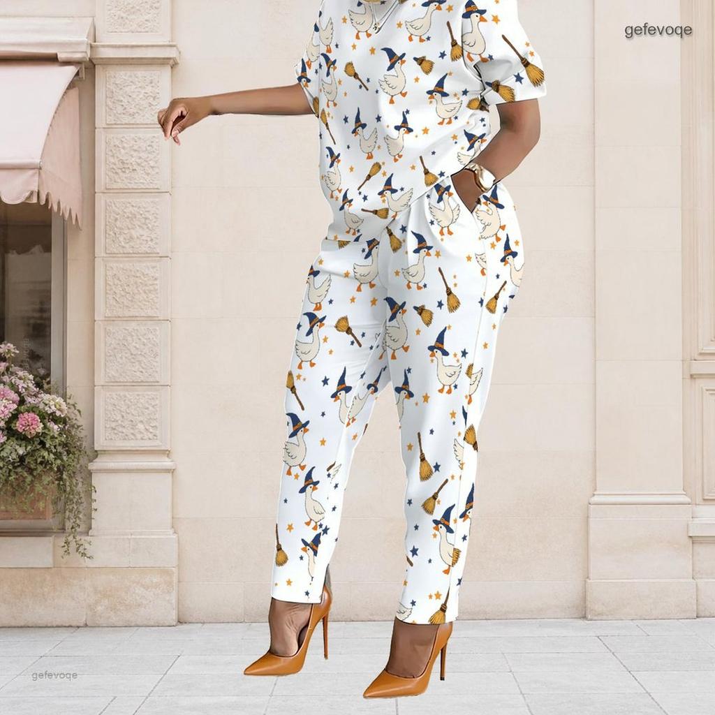 Women Plus Size White Printed Two Piece Set Short Sleeve Top Pocket Pants