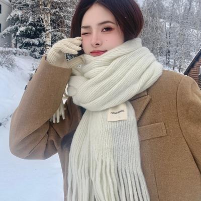 Knitted Woolen Scarf for Women Winter New Solid Color White Student Long Warm Scarf High End
