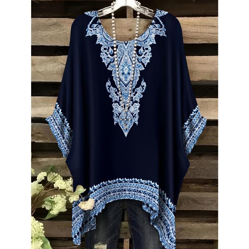 Sommer Damen Bohemien Stil Print T-Shirt Tops Mode Gestreiftes Blumen Grafik T-Shirt Lässiger Komfort Kurzarm Kleidung