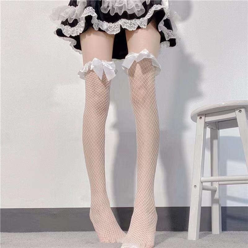 Lolita Bowknot Thigh High Stockings Women Sweet Over Knee Socks Lace Mesh Legging Female Punk Hollow Fishnet Pantyhose Hosiery