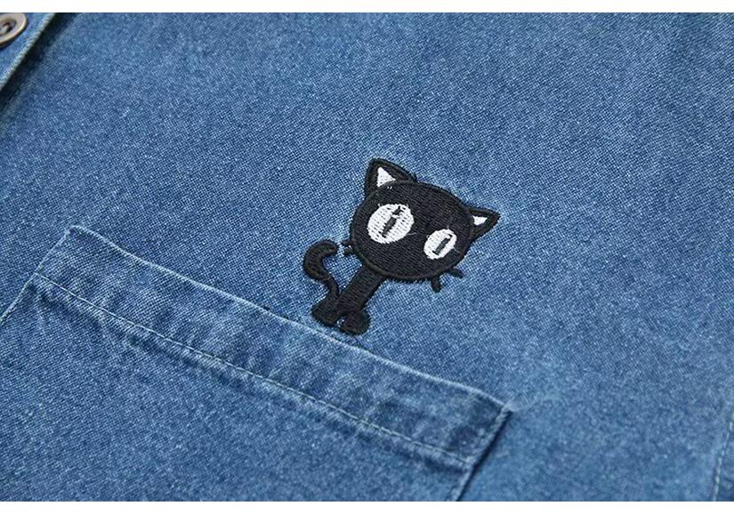 2024 Spring Plus Size Women's Denim Shirt - Long Sleeve Embroidered Cartoon Jacket for Chubby Girls