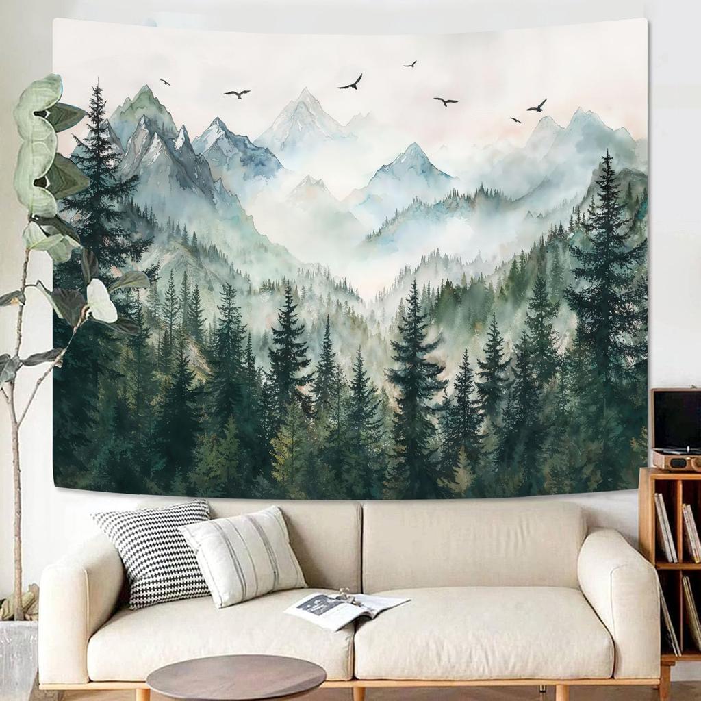 VIKAMA Natural Pine Tapestry Watercolour Mist Forest Bird Landscape Tapestry Living Room Dormitory Wall Hanging Home Decor