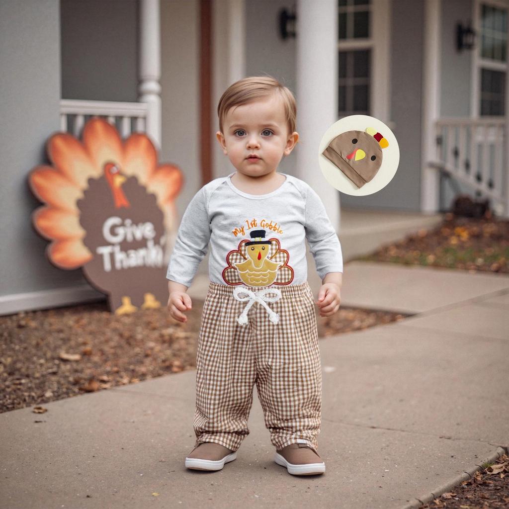 Baby & Kleinkind Thanksgiving Truthahn Strampler Set: Karohose & Hut inklusive