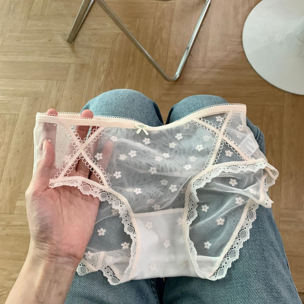 Ladies Spring Summer Sexy Hollowed Out Lace Mesh 10A Antibacterial Mid Waist Panties