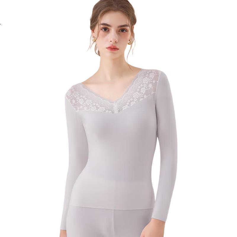 MIIOW Acrylic Thermal Women's Underwear, Lace Top, Autumn And Winter Slim-Fit Base Layer, Autumn Undershirt, Skin Base Layer, Gray