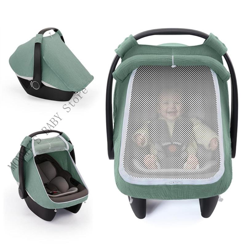 H3CD Full Protective Baby Car Canopy with Roll Straps and Mesh Window Accent verde