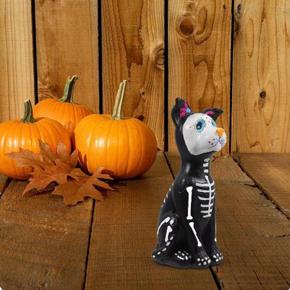 Colorful Black Cat Skeleton Figurine Resin Black Cat Statue Halloween Black Dog Figurine Cabinet