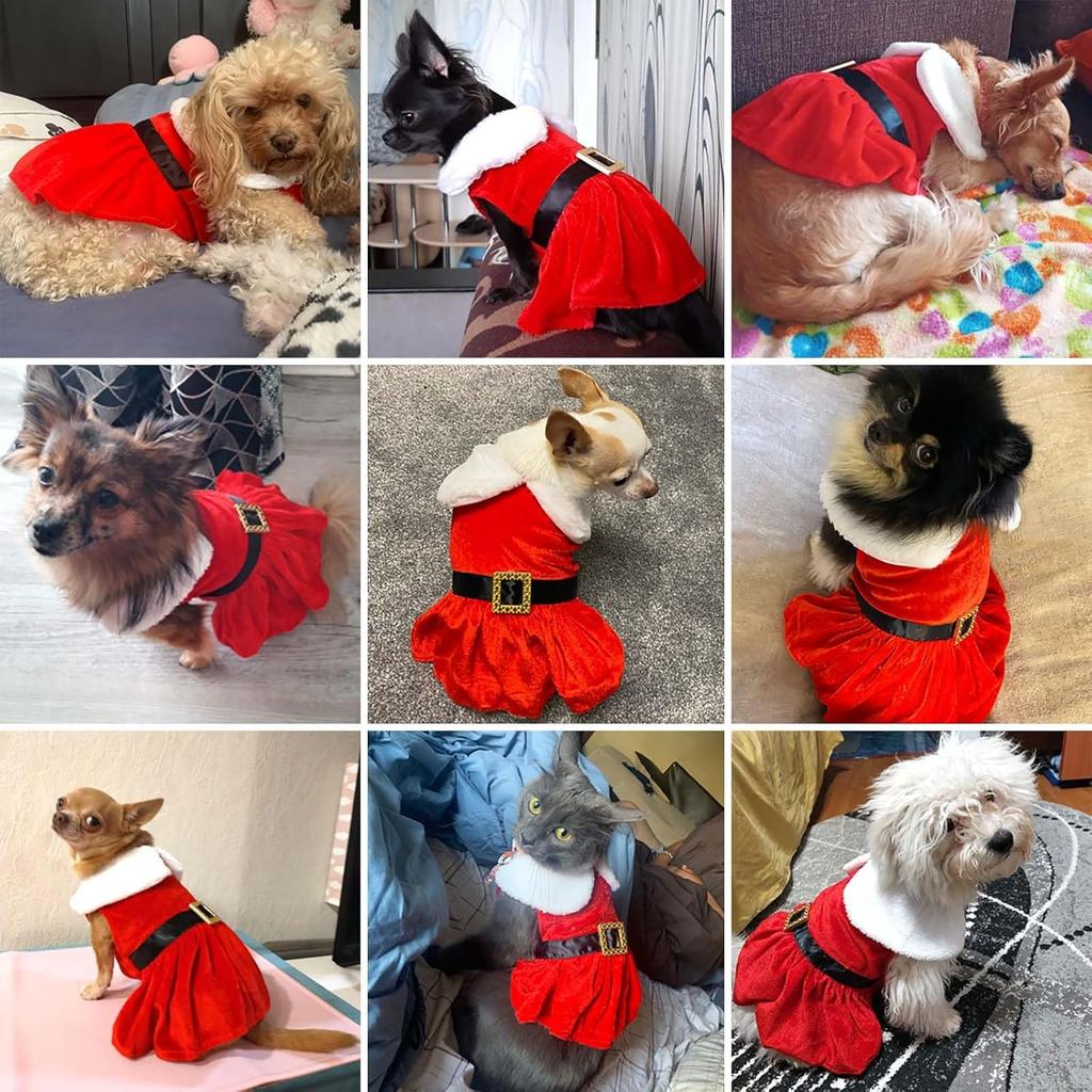Dog Christmas Costume Puppy Dress, Santa Claus Pet Clothes Velvet Skirt Thermal Shirt Winter Coat Xmas Holiday Apparel Cute Girl Clothing Red