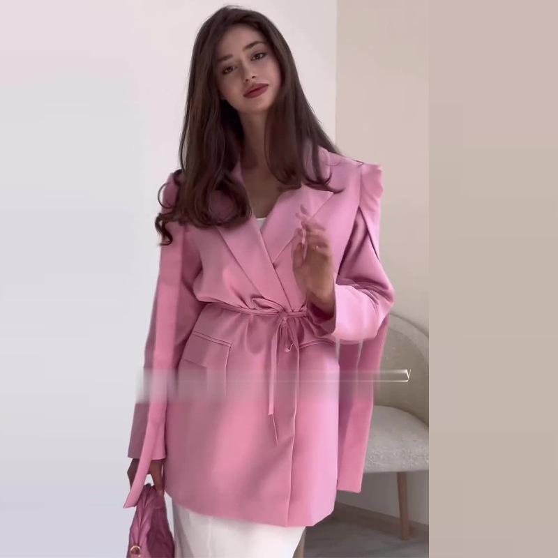 Letní Laoel Volný Sako s Cinch Pasem Dámské Tenké Sako s Dlouhým Rukávem Módní Kabát pro Kancelářskou Dámu na Dojíždění