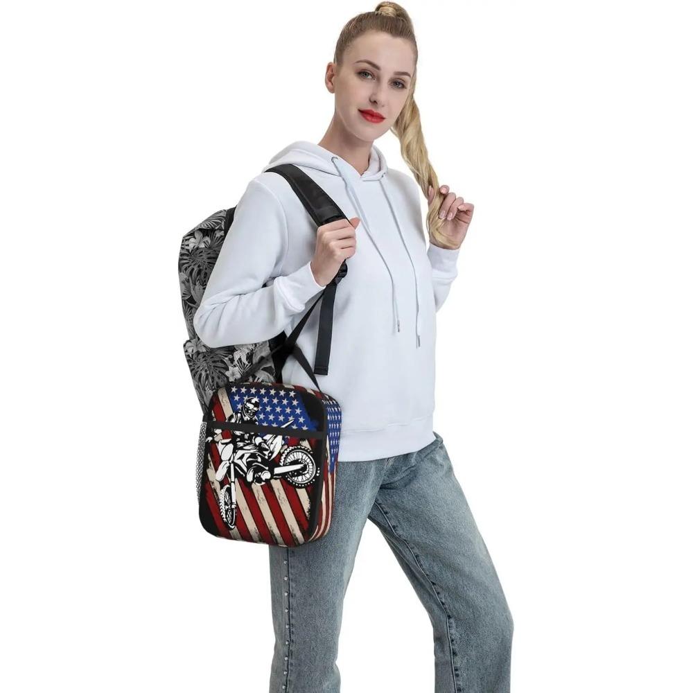 Motorcross American Flag Lunch Bag for Mens Womens Insulated Reusable Lunch Box with Adjustable Shoulder Strap