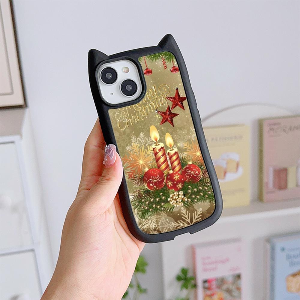 Cat Ear Soft Phone Case for iPhone 16 15 14 13 12 Pro Max Anti-Drop Transparent Acrylic Back Cover NY36 New Year Christmas Santa Claus Christmas tree