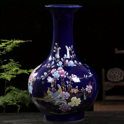 Jingdezhen 13,8palcová keramická váza - Drahokamově modrá brokátová váza s motivem kohouta a květinového ptactva, Čínská umělecká dekorace pro luxus