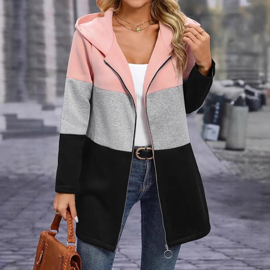 Fall Winter Women's Casual Fashion Loose Color Block Patchwork Hooded Jacket