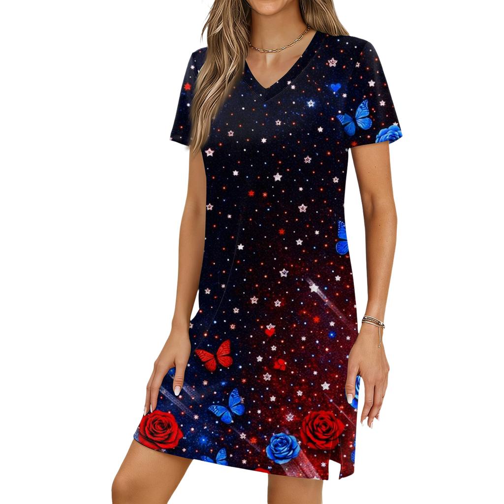 Women's Casual V-neck Short Sleeve Split Hem Independence Day Printed Dress
