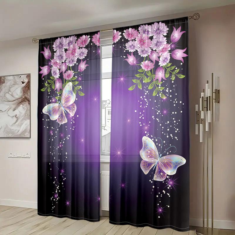2 Pieces, Beautiful Purple Mysterious Butterfly Curtains - Rod Pockets - Living Room, Bedroom and Other Home Decorations