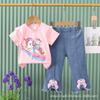 Girls Summer Cute Cartoon Short Sleeve Tee And Bow Knot Jeans Two Piece Set Casual Outfit