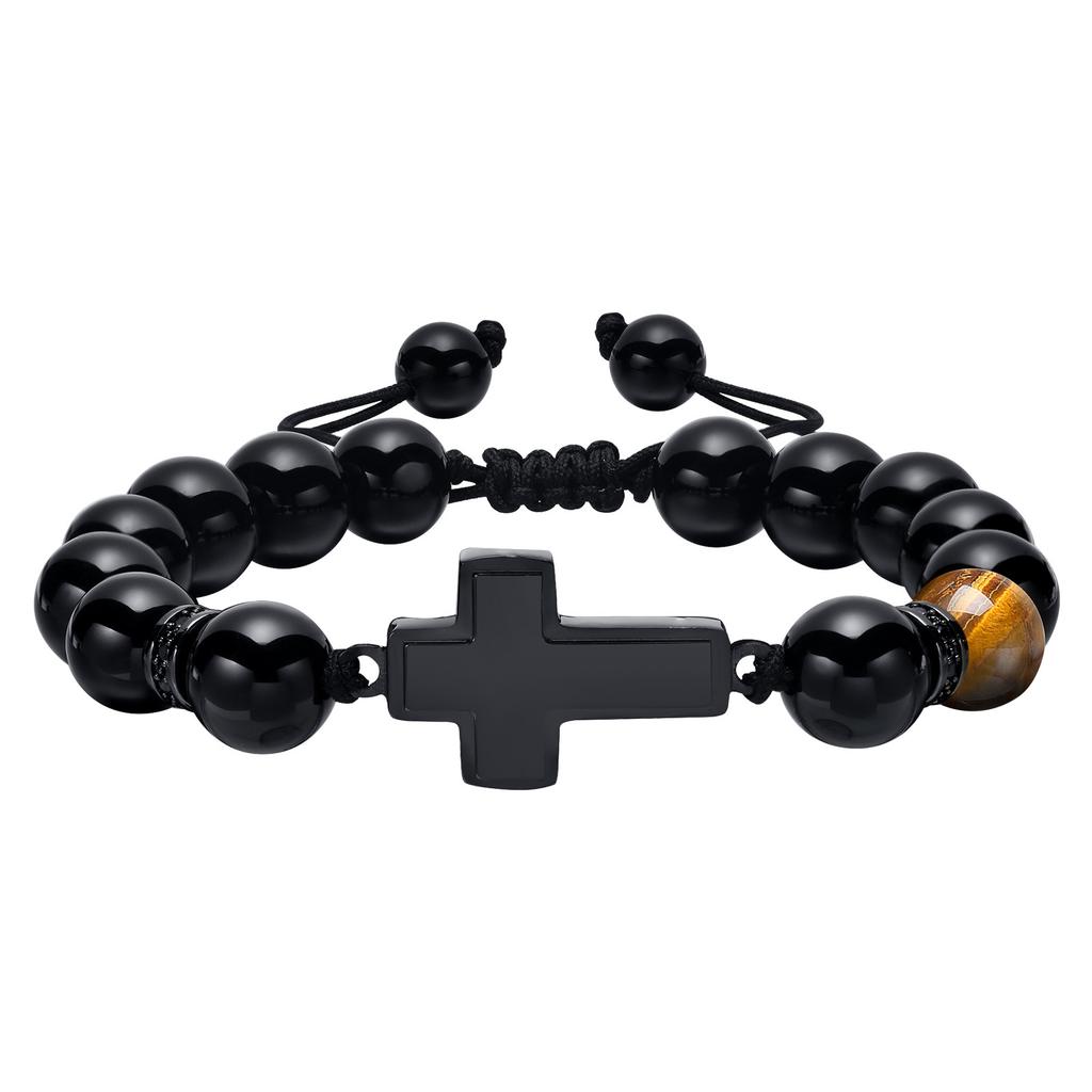 Kreuzarmbänder für Männer Jungen, 8MM Schwarze Natürliche Steine Perlen Religiöses Gebetsarmband Länge Verstellbar,pulseira masculina
