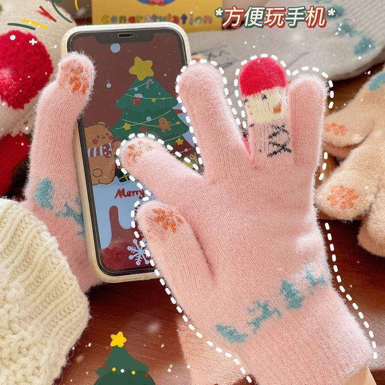 Winter Thermal Gloves Female Plush Cartoon Cute Christmas Snowman Five Fingers Can Touch the Screen Student Knitting
