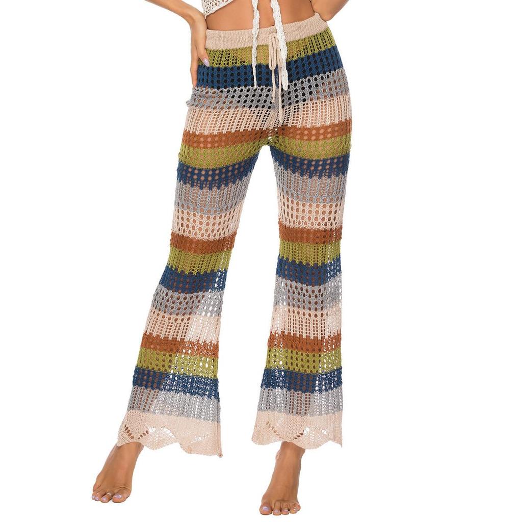 Women's Pants Flared Leg Hollowed Out Trousers Knitted Lace Up Beach Pants
