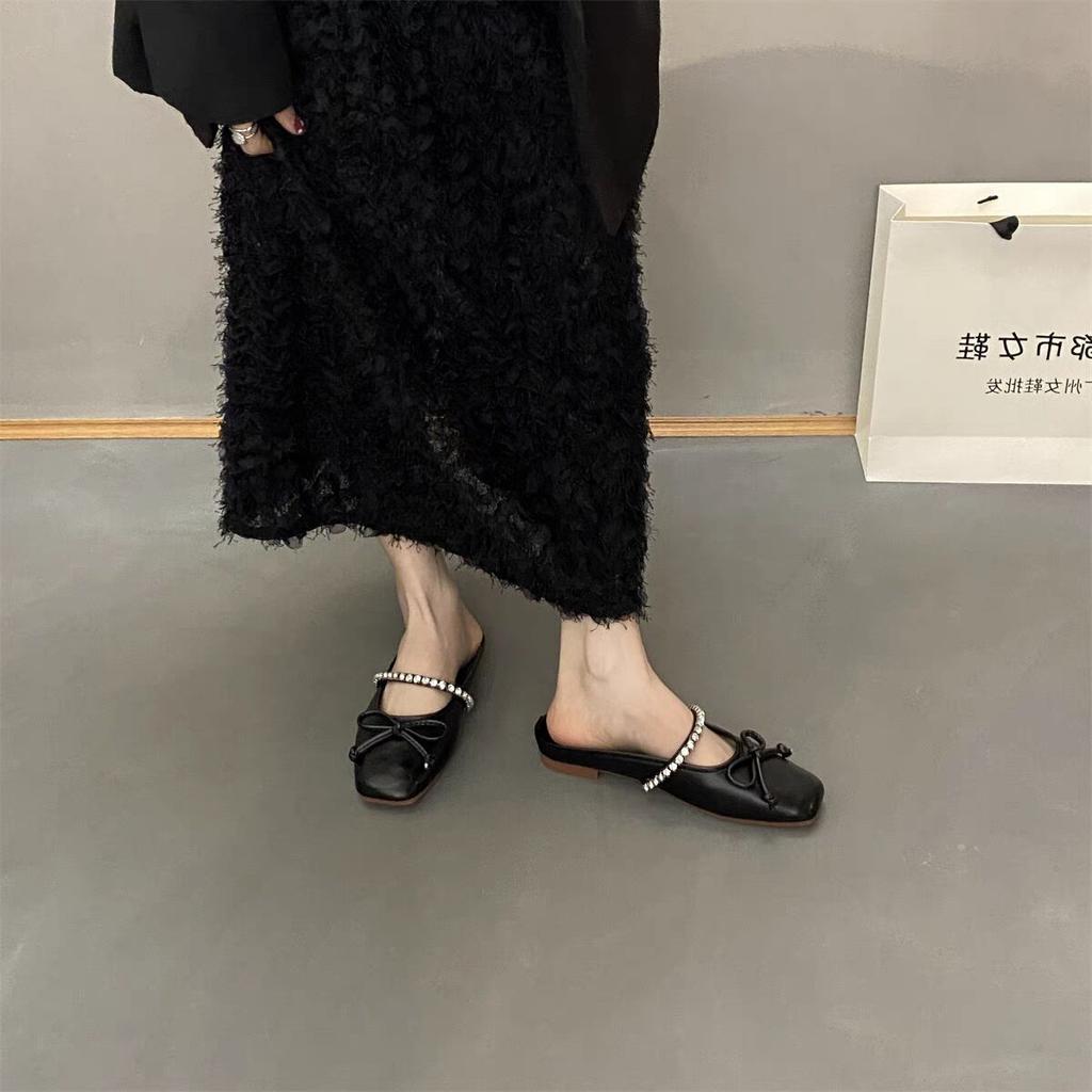 Flat bottom silver rhinestone bag head half slippers women's outer wear 2025 new spring and summer bow gentle evening wind single shoes