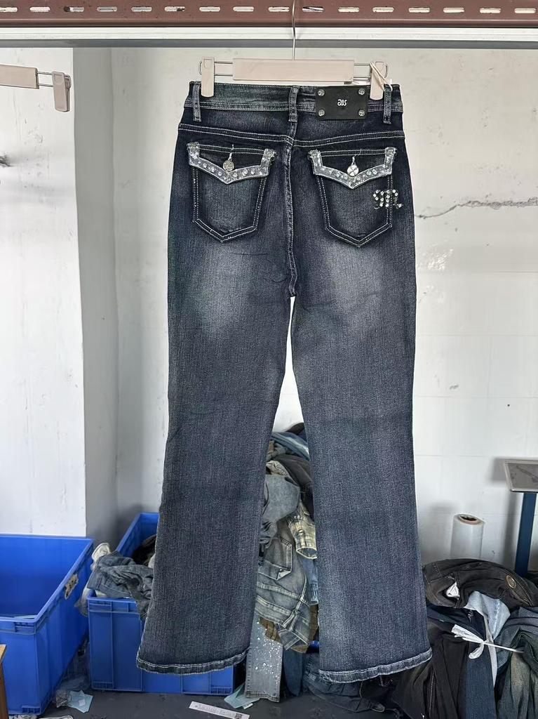 Gotické dámské džíny s diamantovou výšivkou Vintage nízký pas zvonové džíny Dámské retro Y2k volné džínové kalhoty High Streetwear kalhoty