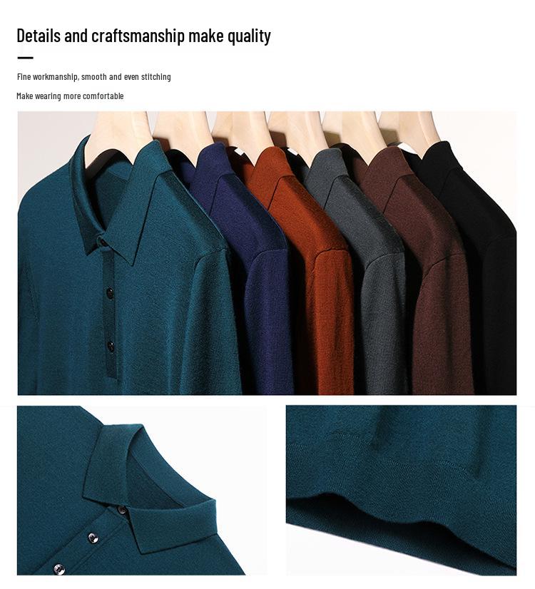 2025 Winter Machine Washable 100% Wool Men's Lapel Sweater - Warm, Solid Color, Versatile Casual Wear for Middle-Aged Dads