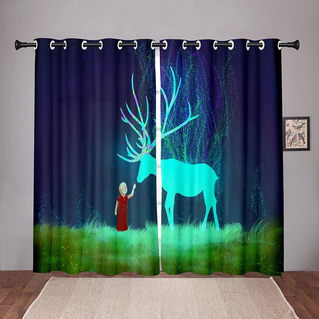 Animal Deer Forest Cartoon Dreamy Blackout Window Curtains for Bedroom Living Room Bathroom Kicthen Door Hall High Shading New