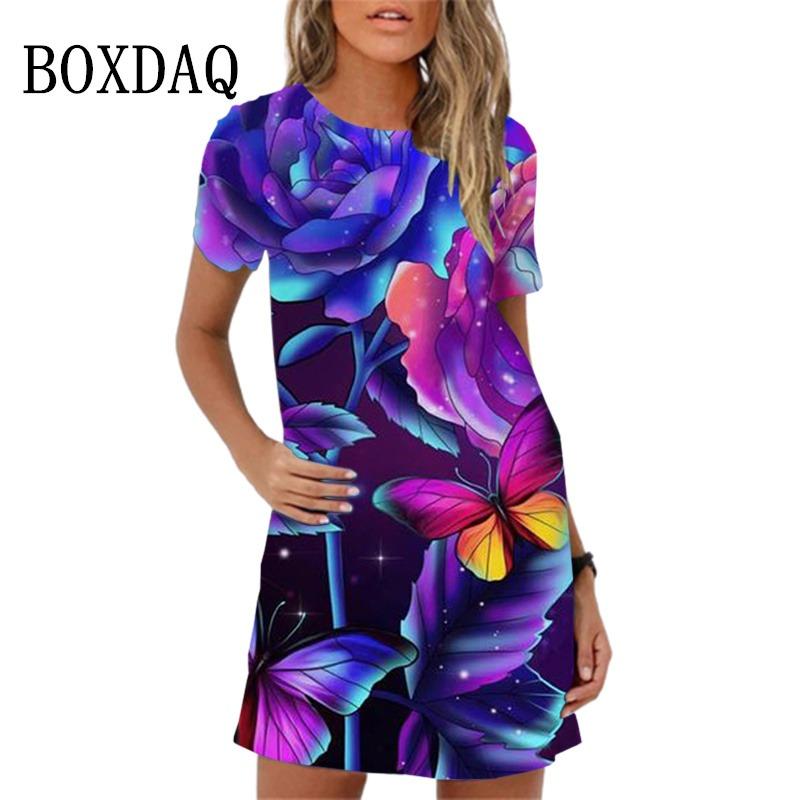 New Summer Sundress Sweet Elegant Purple Butterfly Print Mini Dress For Women Short Sleeve Loose Casual Mini Dress Oversize