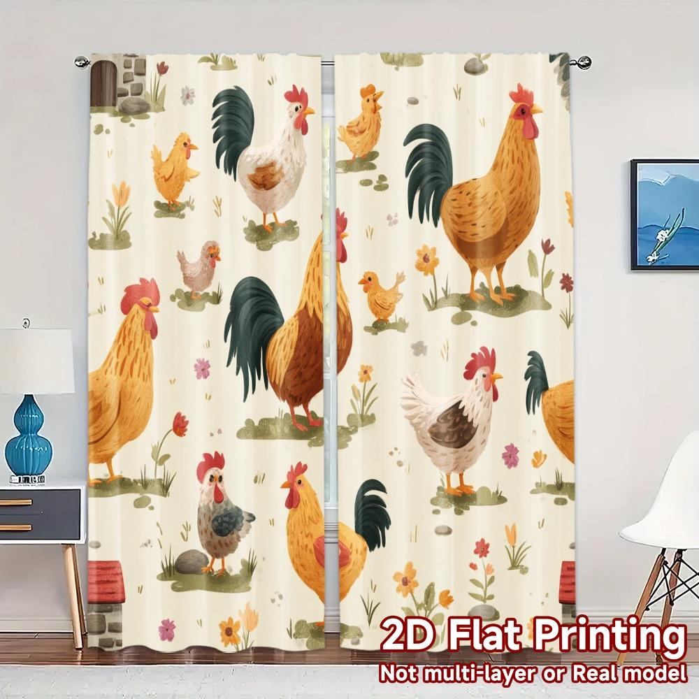 

2pcs 2D FLAT PRINTING Curtains (Without Rod) Rooster Meadow Chic Light Filtering Curtains Machine Washable Fabric Curtains 100*130 Grommet Top 1pcs