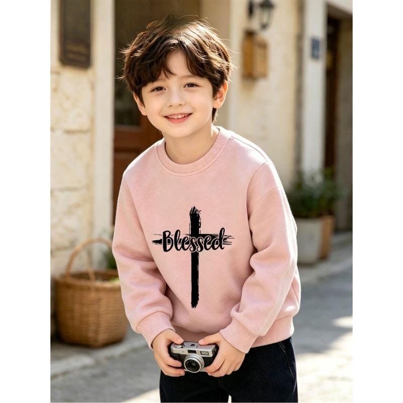European sizes Spring Autumn Casual Children's Retro Cross Slogan Round Neck Sweatshirt, Distressed Brushstroke Cross Print Boy's Long Sleeve Top.