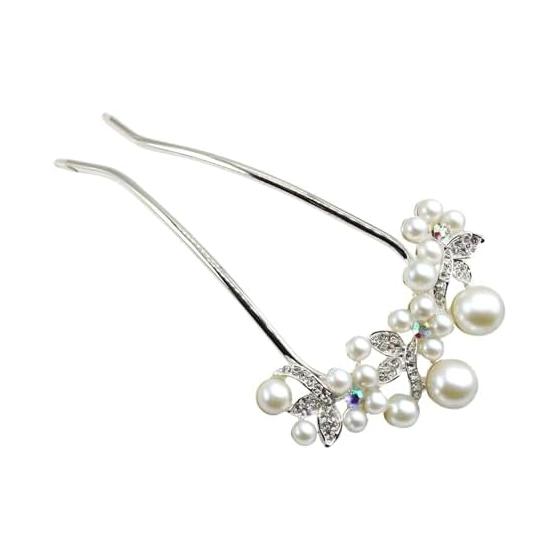 Miaomyao U-Shaped Hairpin for Japanese Kimono and Yukata, Pearl Flower Hair Comb, Silver Hair Accessory