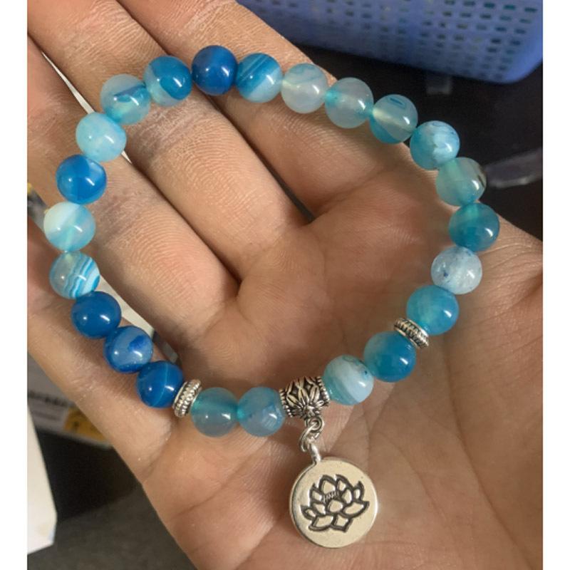 Stripe Mixed Color Agate Buddha Beads Bracelet Hand-Strung Blue Gold Lotus Pendant Natural Stone Jewelry Fashion Charm Bracelets
