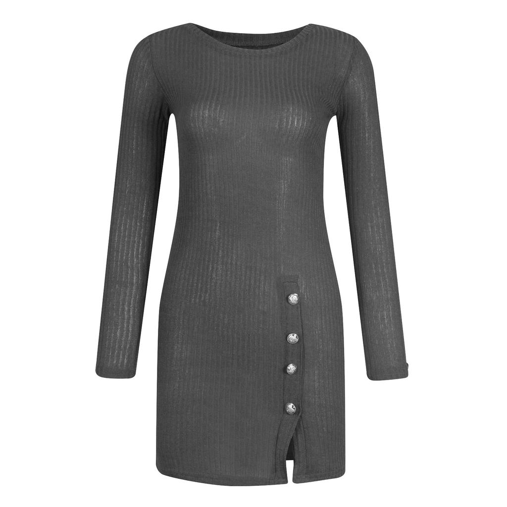 Dámské módní ležérní knoflíky sexy bodycon šaty s dlouhým rukávem, jednobarevné šaty