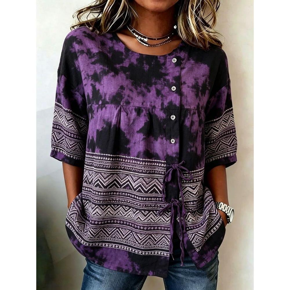 Women's Boho Tie-Dye & Geometric Print Drawstring Button Up Blouse, Casual Round Neck Tops for Spring Summer Daily Vacation Wear