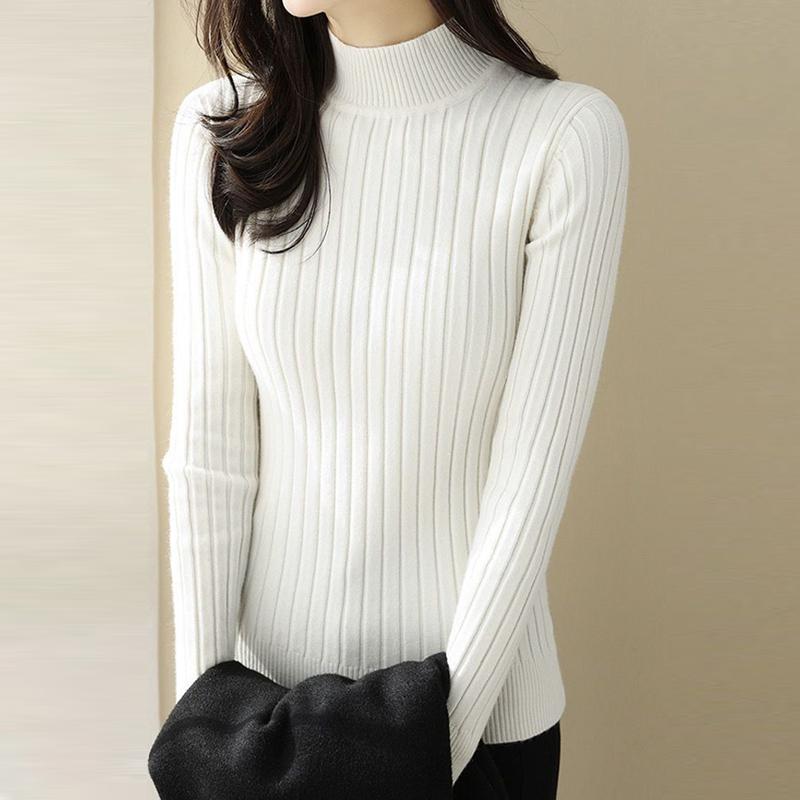 Zimní jednobarevný přiléhavý základní pletený svetr pro ženy Módní poloviční vysoký límec Dlouhý rukáv Pulovry Svetry Ženy Elegantní ležérní jednobarevný svetr Top 25531