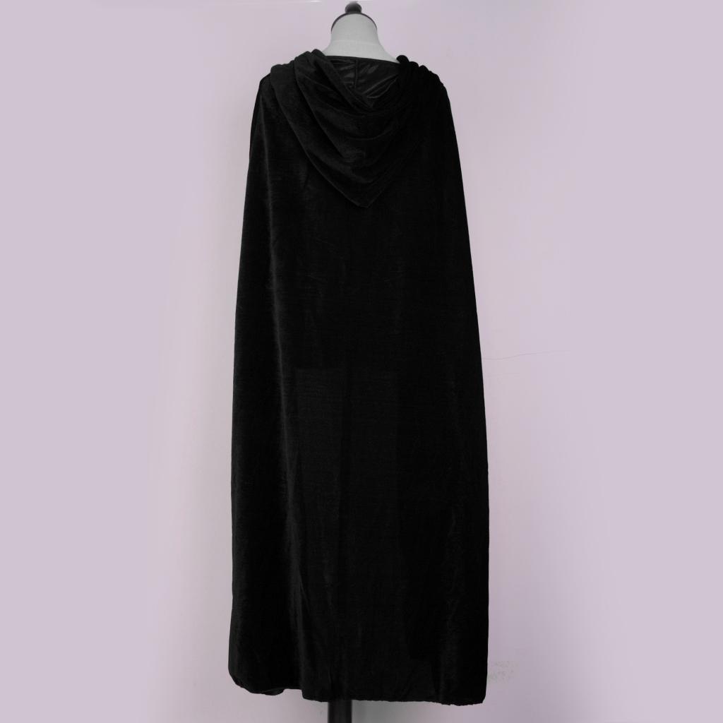 Velvet Ankle Length Cloak Cape With Hood Gothic Fancy Dress Medieval Robe Costume - Black