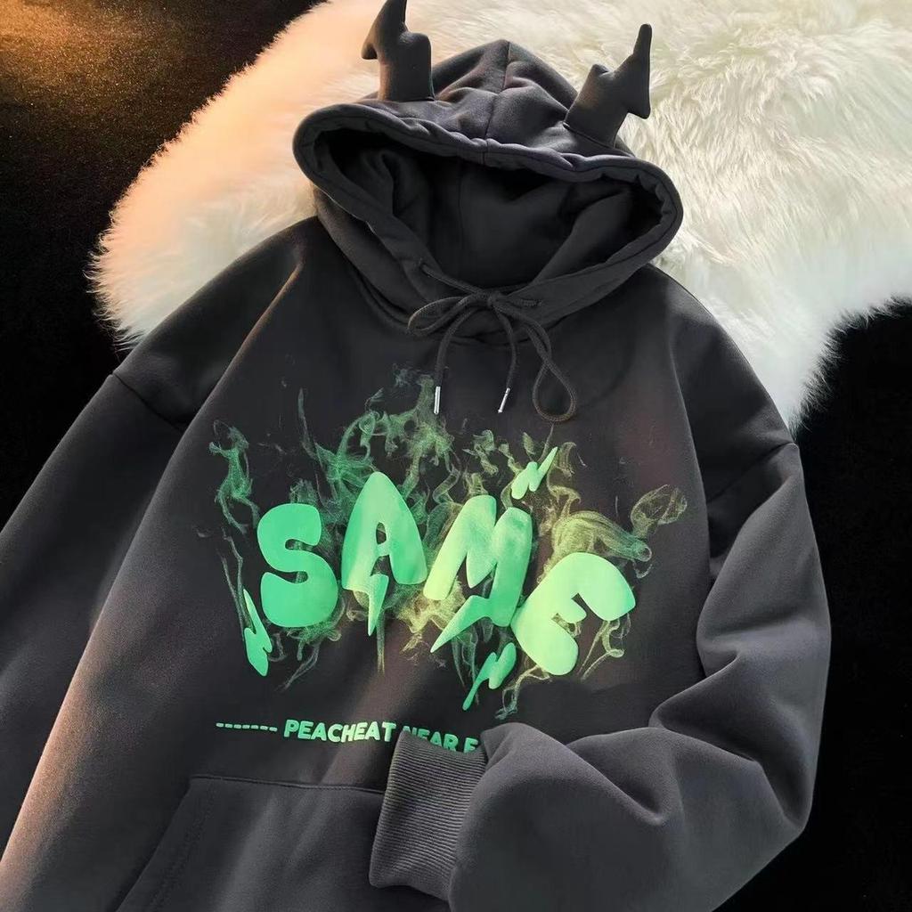 Men's New Autumn/Winter Retro Hiphop Little Devil Hooded Sweatshirt - Loose Fit, Thick Velvet Jacket