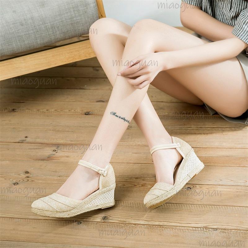 Linen Espadrille Women's Wedge Sandals Ankle Strap Breathable Lightweight Summer Footwear Female Roman Fashion Sandals Size 34
