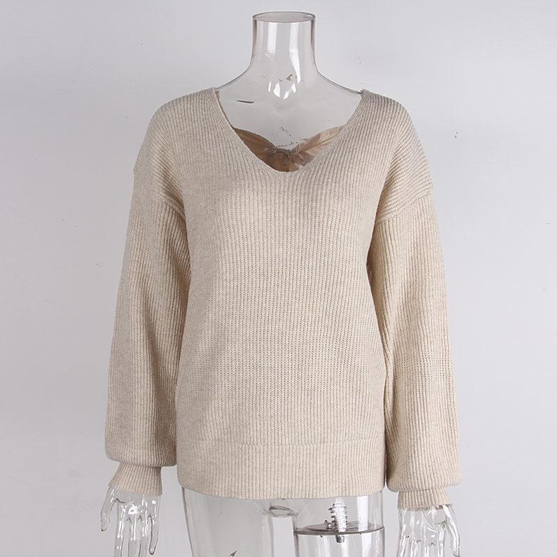 European & American V-neck Bowknot Sweater - Women's Casual Autumn/Winter Long Sleeve Loose Top