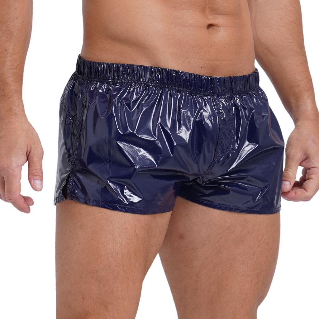 Pánské šortky s nízkým pasem, design s bočním rozparkem, jednobarevné, slim fit, lesklé trenýrky, plavky na plážovou párty u bazénu
