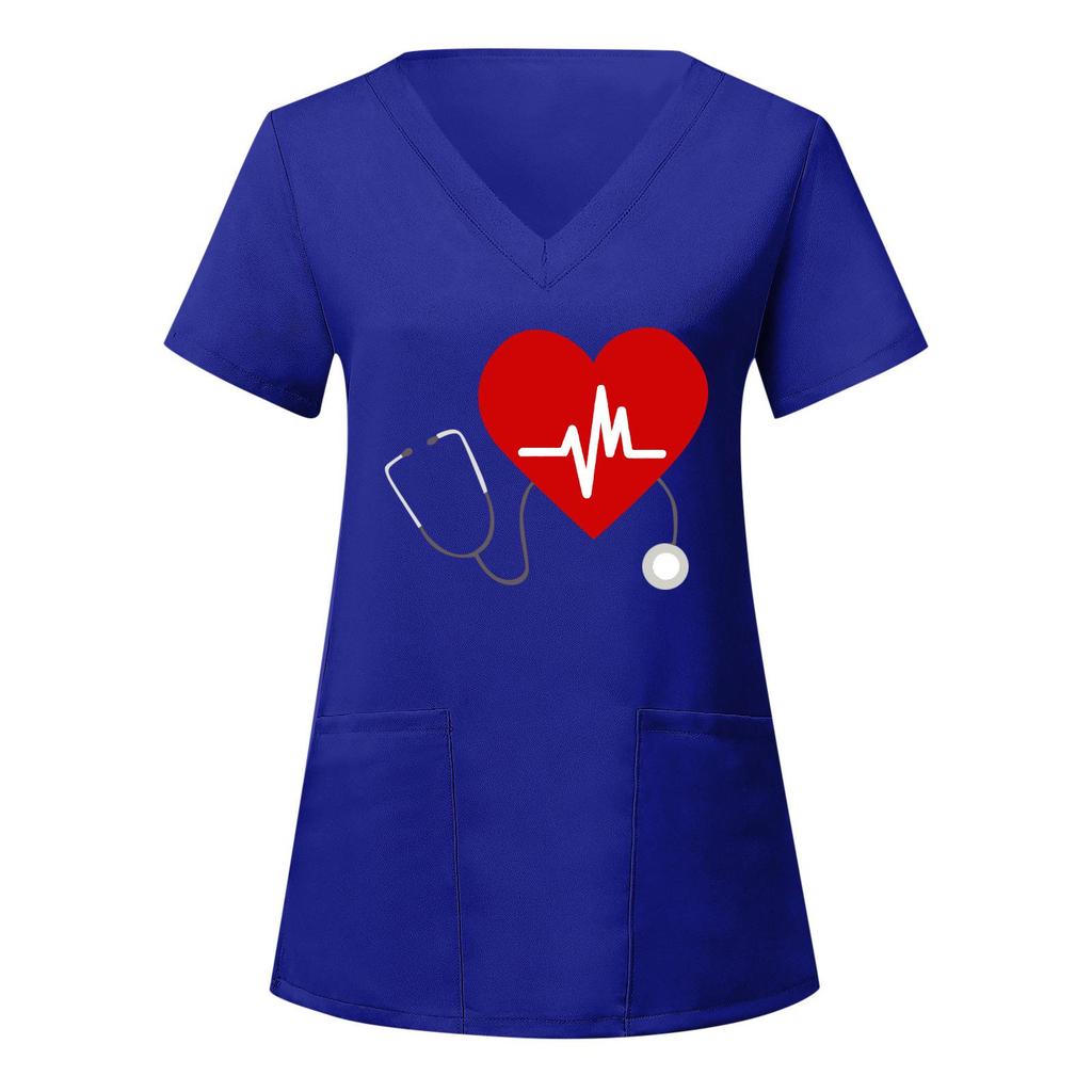 European and American Nurse Caregiver V-Neck Print Shirt with Large Pocket, Short Sleeve T-shirt for Women