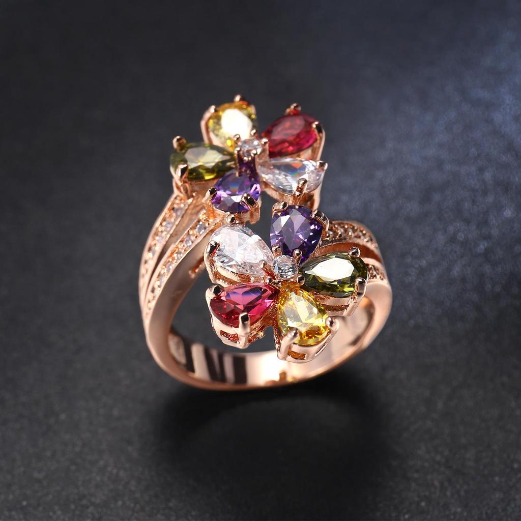 European & American Fashion Women's Colorful Zircon Flower Ring