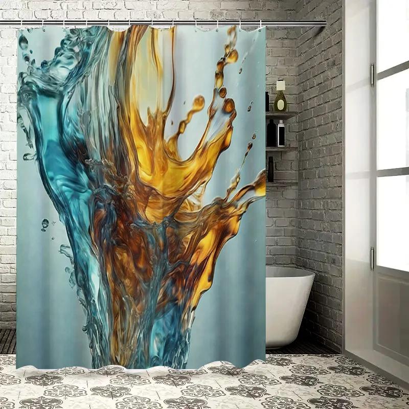 Super Soft Printed Shower Curtain Set for Bathroom Decor Blue Gold Splash Pattern W90xH180cm