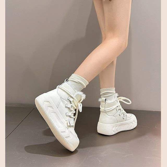 Frosted cowhide velvet warm and heightened thick-soled snow boots for women's 2025 winter new retro high-top short cotton boots