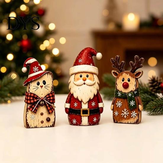 Small Christmas Shelf Sitters Wooden Tabletop Figurine, Hand Painted Santa Reindeer Cat Decor, Rustic Decorative Mantel Pieces Wood Holiday