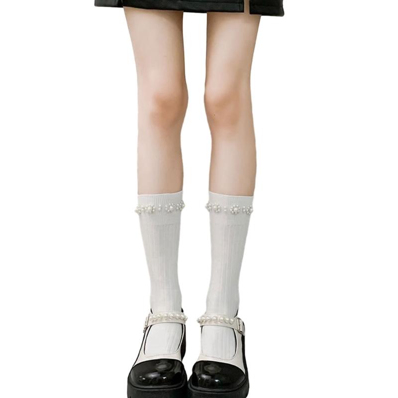 Simple Pearl Knee High Socks Cotton Calf Socks Sweet Knee High Stockings Lolitas Princess Socks for Womens Girls Gifts