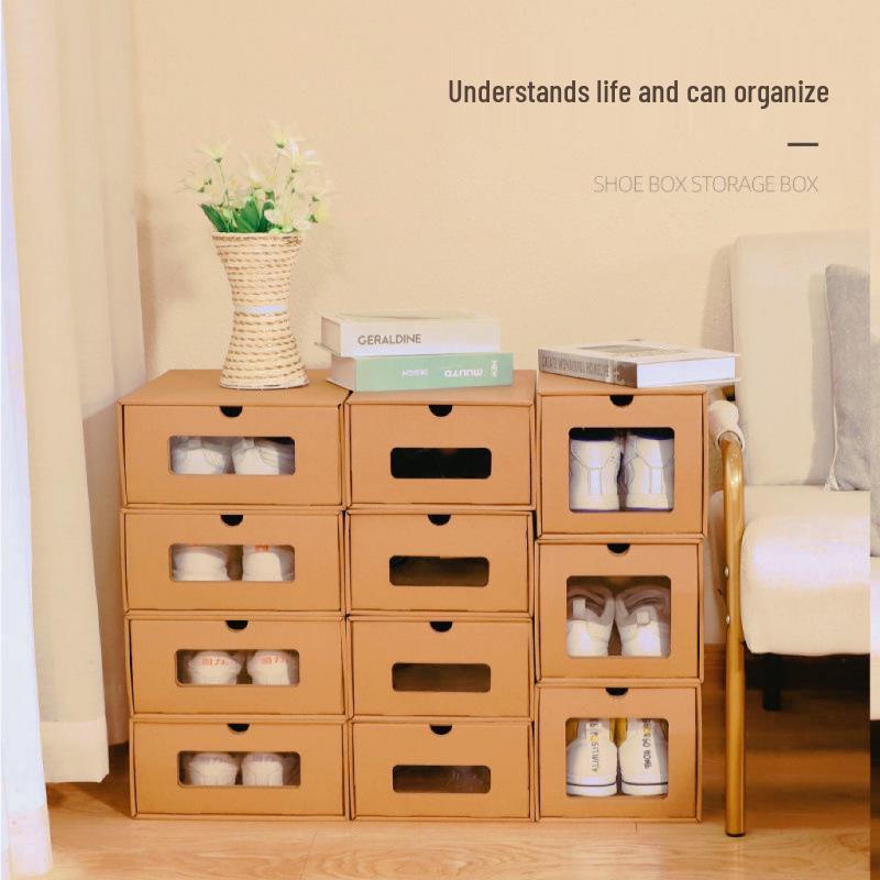 Thickened Kraft Paper Shoe Storage Drawer - Transparent, Dustproof, Corrugated Cardboard Box for Dorms & Homes