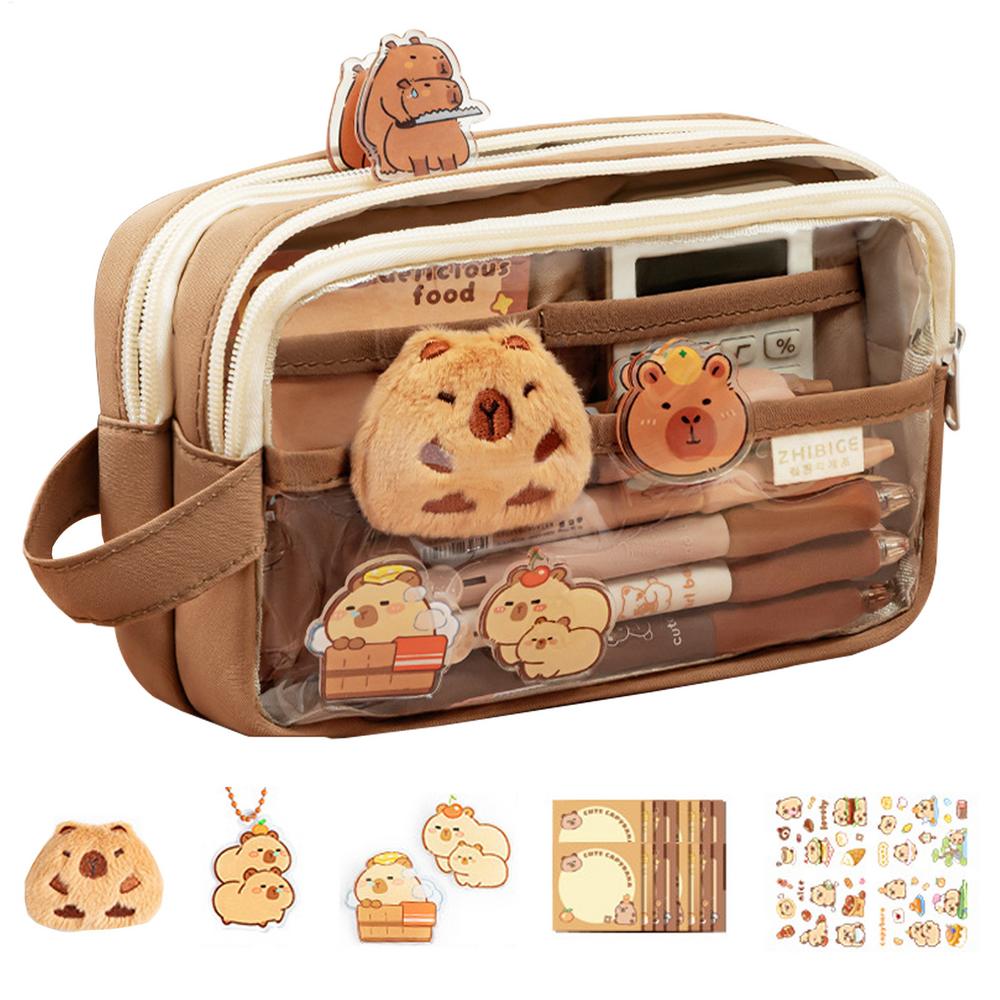 

Cute Capybara Pencil Case Clear Aesthetic Pencil Pouch with Cute Capybara Pins Plush Stickers Memo Pad School Supplies Gifts