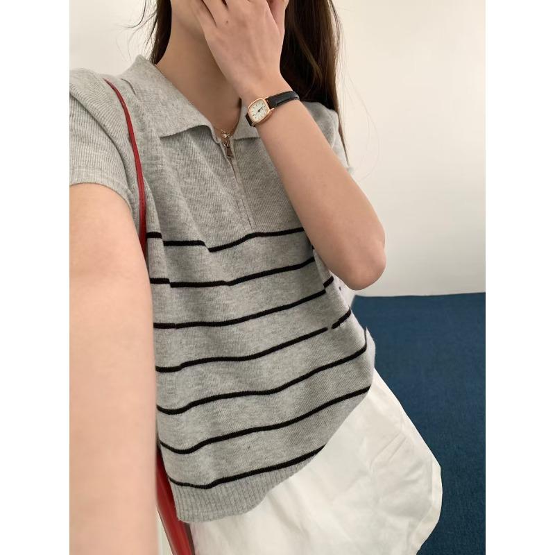 Striped short-sleeved knitted sweater top spring and summer new polo collar half zipper versatile loose and thin T-shirt women